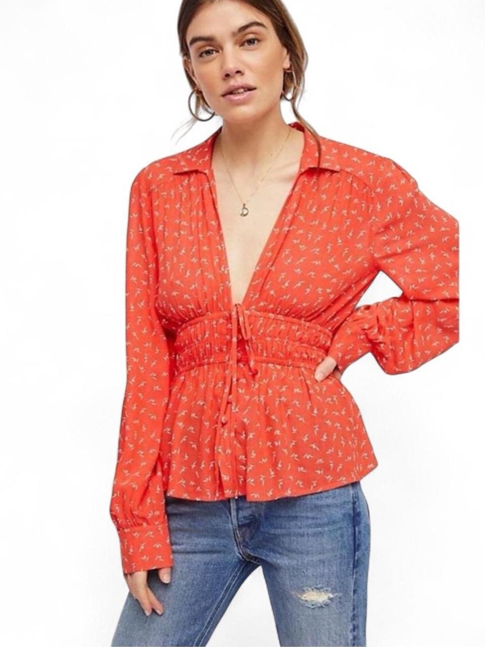 Free People Colette Bohemian Peasant Shirt in an orange and white floral print